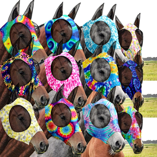Qualirey12 Pieces Horse Fly Mask Bulk Comfortable Elasticity Mask for Horses with Ears Net UV Protection Breathable Face Covering for Pony and Foal(Medium, Tie Dye Patterns)