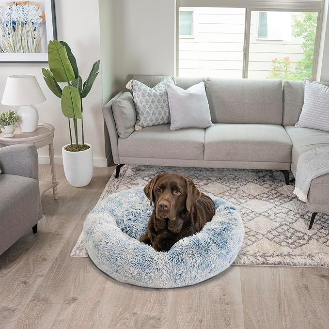 Best Friends by Sheri Original Calming Donut Dog and Cat Bed, Shag Faux Fur, Denim Blue, (36in x 36in) - Anxiety Relief for Pets Up to 100 lbs