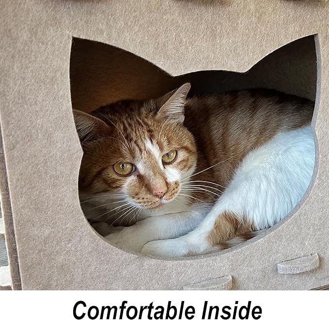 Cat House Cat Ear Design, Large Spacious Cozy Indoor Cat Bed Cave, Scratch Resistant Strong Thick Premium Felt Condo, Fun Hideaway for Multiple Cats, Up to 35LB, 21.5x13x11.6 inches (Beige)