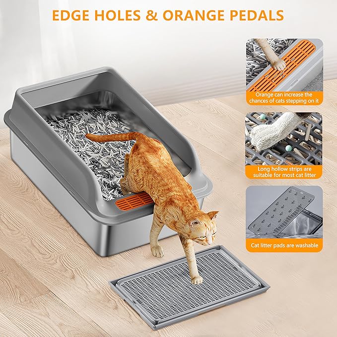 Stainless Steel Cat Litter Box for Multi-Cat Homes - High-Sided Anti-Leak Design,Large Cat Toilet， Non-Stick Surface, Odorless & Easy Clean, Durable with Litter Mat & Scoop