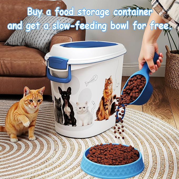 Pet Food Storage Container with Scoop & Slow Feeder Bowl – 40LB Large Capacity Dog Cat Food Dispenser, Durable Resin Dry Kibble Keep Food Fresh Organizer for Dogs Cats Birds, Blue