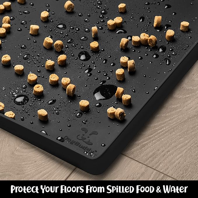 DogBuddy Dog Food Mat – Waterproof Dog Bowl Mat for Food and Water, Silicone Pet Feeding Mats for Floors, Non-Slip Placemat with High Edges for Dogs Bowls, Puppy Essentials (XXL: 32"x24", Black)