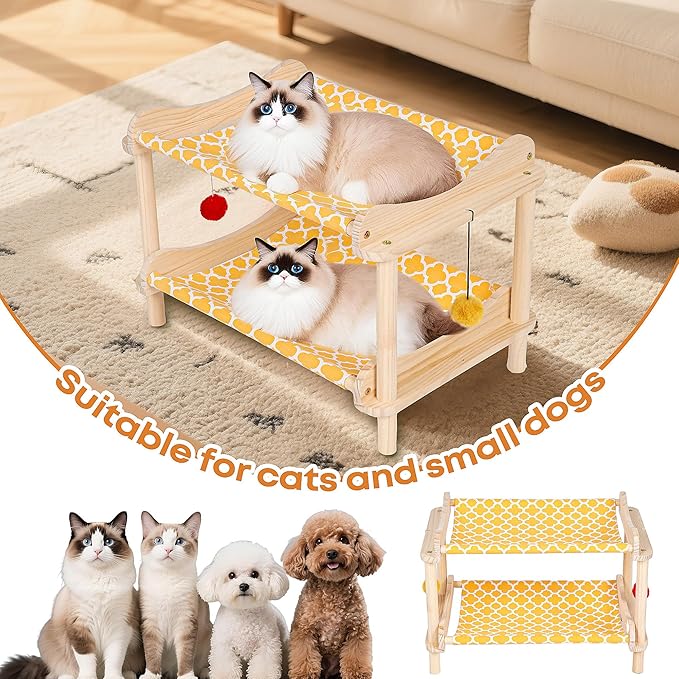 2-Layer Cat Hammock Bed, 24"x15.7"x16.3" Elevated Cat Bed with Pine Wood Frame, Breathable Washable Covers, Wooden Pet Furniture for Indoor Cats and Small Animals(Orange-2)
