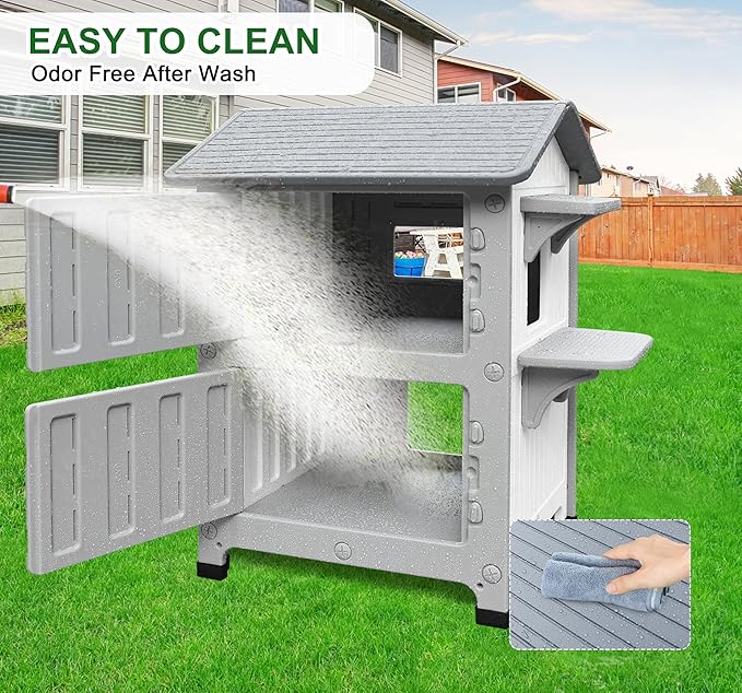 Rockever Plastic Outdoor Cat House with Insulated Liner, 100% Insulated Outdoor Cat Houses for Winter, Waterproof 2 Story Outside Cat Shelter, Clean and Assemble Easily-White