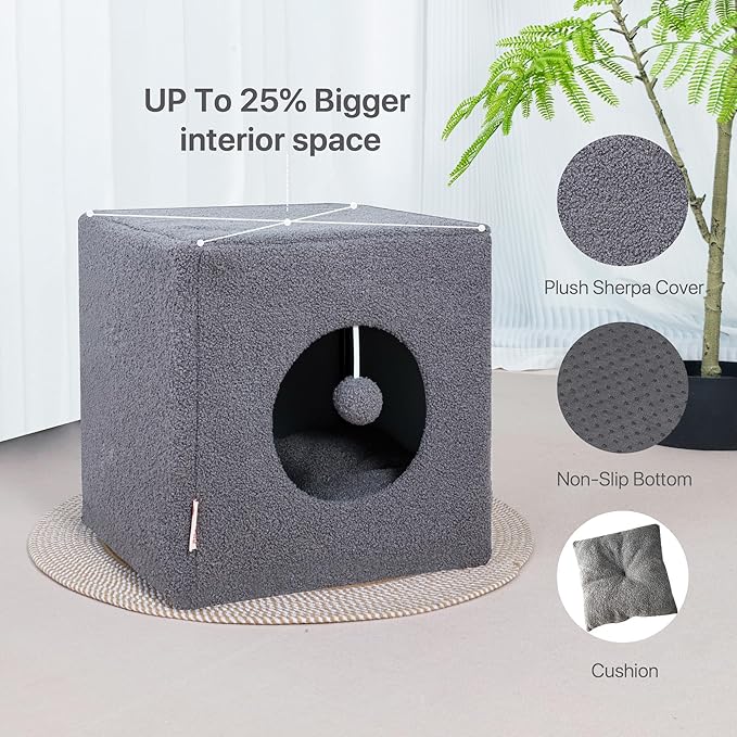 Cat House for Indoor Cats, Fluffy Large Cube Cat Cave Bed, Perfect Hideaway for Multiple Cats & Small Pets, Detachable Sherpa Cover 16 Inches