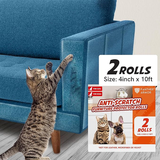 Panther Armor Anti Cat Scratch Furniture Protector Tapes, 2X Rolls, Furniture Scratch Guards for Cats, No Scratch Single Side Sticky Tape, 4in x 10ft, Transparent Gloss Protection