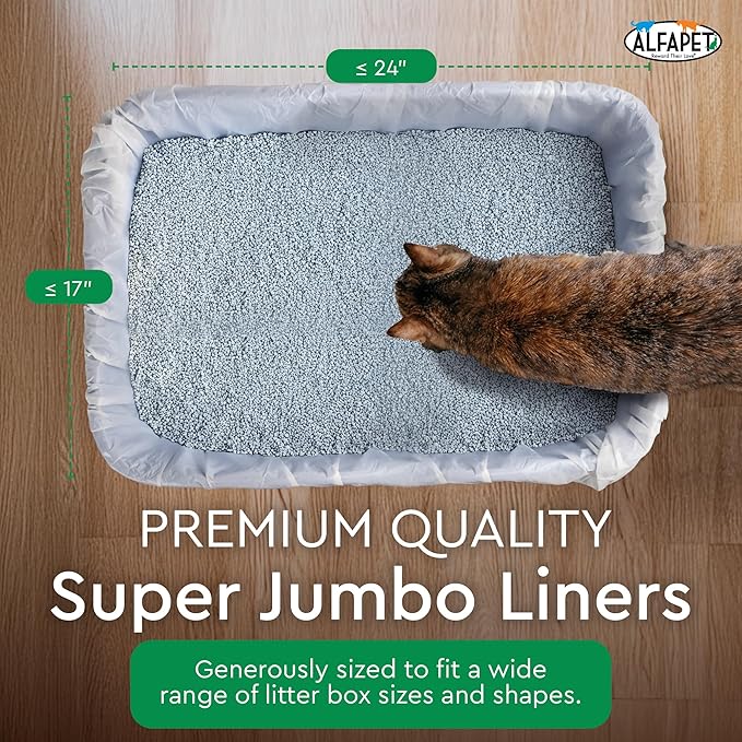 Alfapet Elastic Cat Litter Box Liners - Super Jumbo 5 Count - Tear-Resistant Cat Litter Bags, Waterproof Kitty Litter Liners - Fits Litterbox Pan Sizes X-Giant, Jumbo, 42" x 20" x 2 MIL 30 lb Capacity
