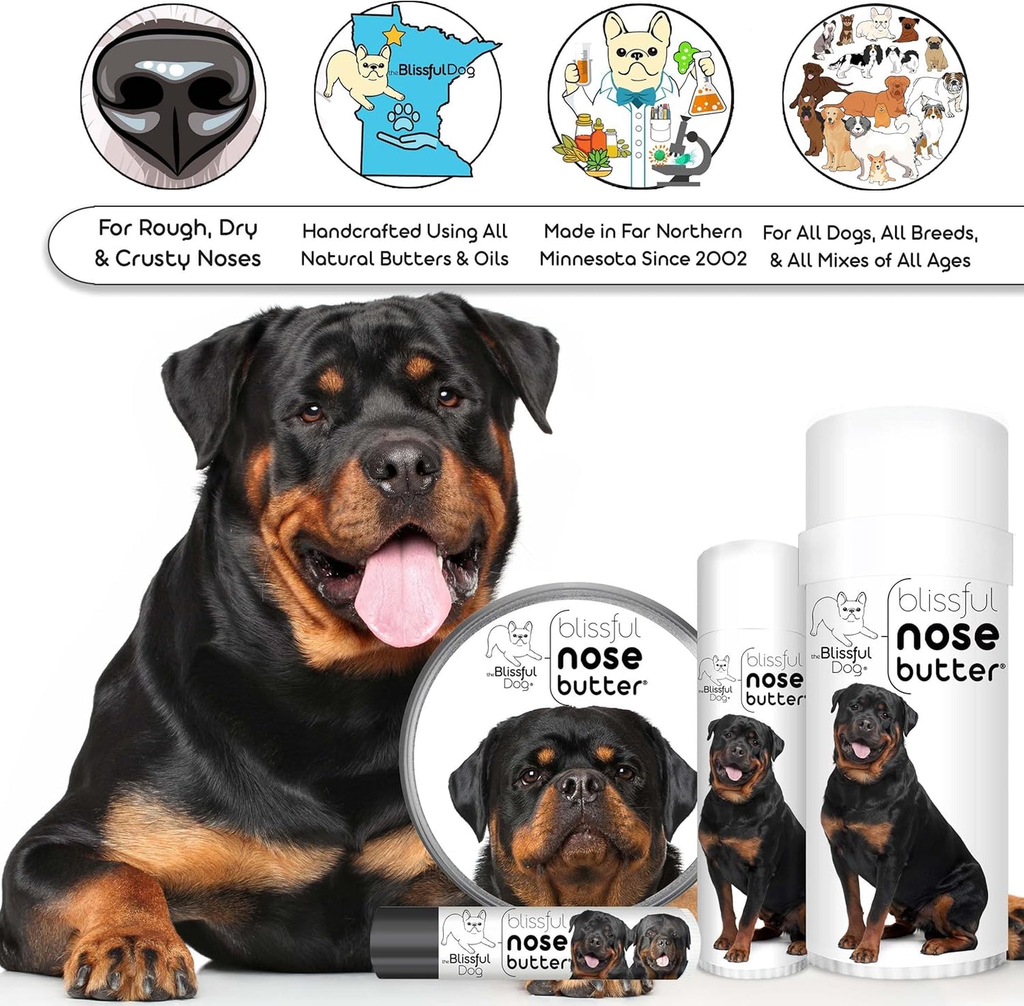 The Blissful Dog Rottweiler Nose Butter for Dry, Cracked Skin, Lick-Safe Dog Nose Balm with Moisturizing Shea Butter, Almond, Olive, and Essential Oils, Pet Supplies, Uncented, 0.50 oz.