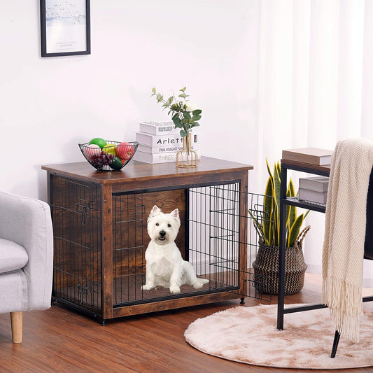 DWANTON Dog Crate Furniture with Cushion, Wooden Kennel Table with Double Doors, Indoor Dog House, Small/Medium/Large/Extra Large Size, 27.2" L, Rustic Brown