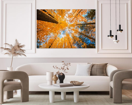 Nature Wall Art Prints - Ocean Forest Mountain Lake Canvas Landscapes - Small to Extra Large Living Room Bedroom Kitchen Bathroom Décor (Blue Sky Through Yellow Autumn Trees, 16L" x 24W")