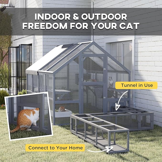 PawHut Large Catio Outdoor Cat Enclosure for Multiple Kittens, Wooden Cat House with Waterproof Cover, Walk in Kitty Cage Kennel with 2 Condos, 6 Platforms, Bridge, Doors, 110" x 73" x 74", Gray