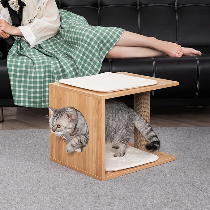 Modern Cat Tree & Condo - Natural Wooden Cat House Indoor with Cozy Kitten Bed, Elevated Perch & Integrated Scratching Post - Stylish Cat Furniture (18.3" D x 14.6" W x 14.6" H)