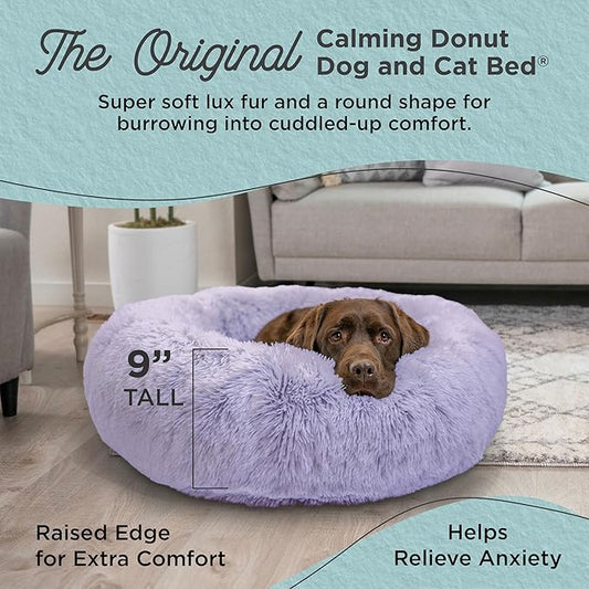Best Friends by Sheri Original Calming Donut Dog and Cat Bed, Shag Faux Fur, Lavender, (36in x 36in) - Anxiety Relief for Pets Up to 100 lbs
