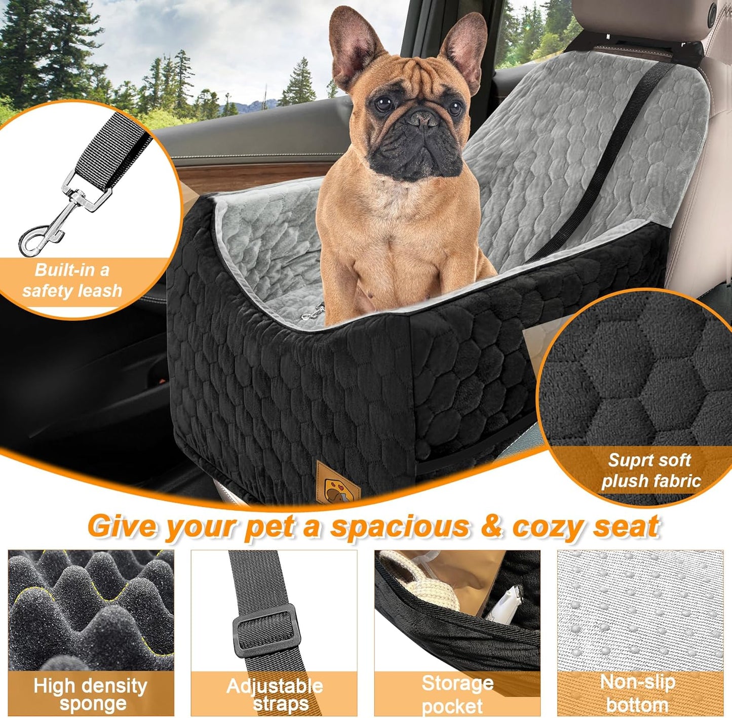 Dog Car Seat for Small/Medium Dogs, Memory Foam Dog Booster Seat, Travel Safety Per Car Seat with Washable Removable Cover, Storage Pockets, up to 35 lbs(BlackGray)