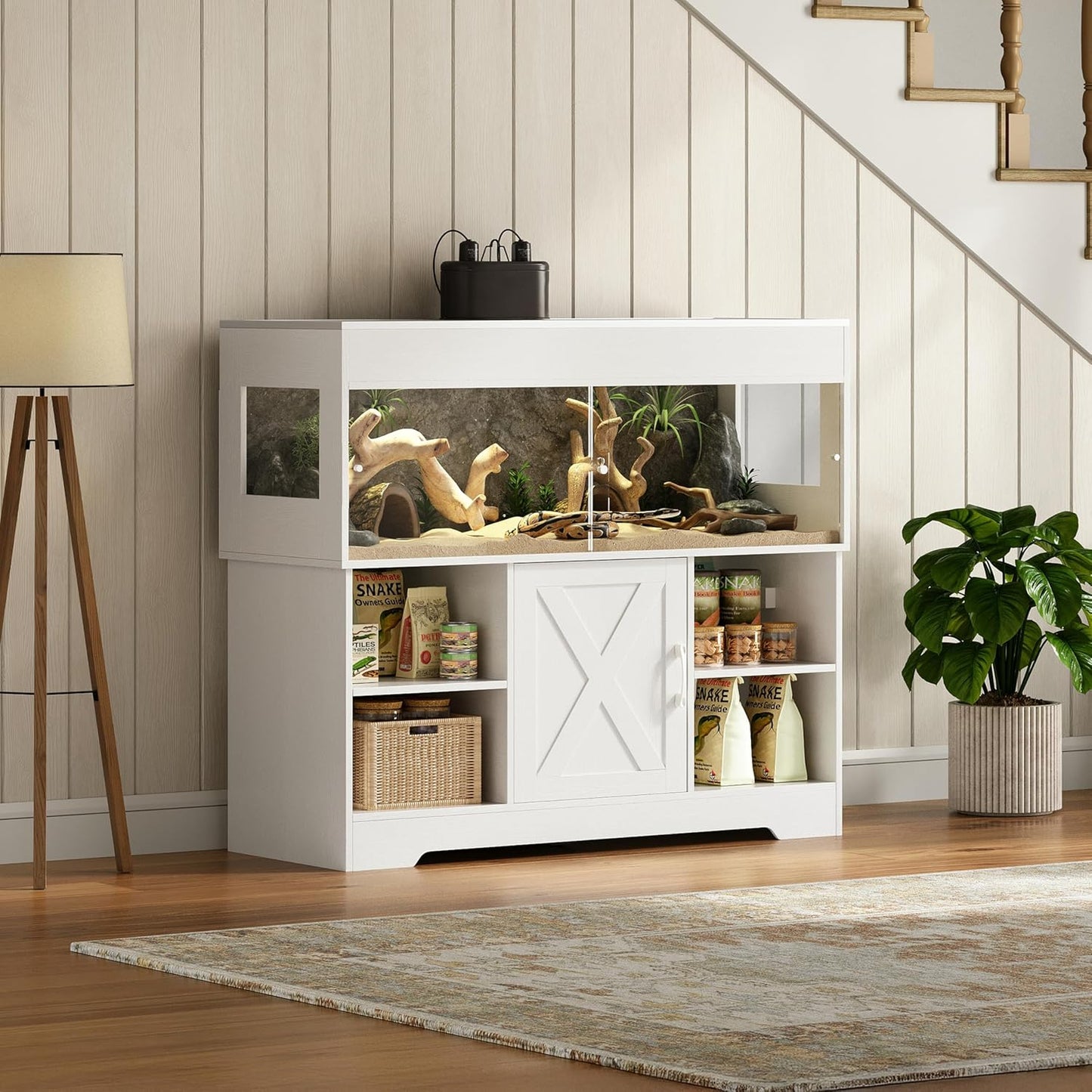 60 Gallon Reptile Tank with Stand, Terrarium Tank with Storage Cabinet, for Lizards, Skinks, Snakes, Sliding Acrylic Doors, Mesh Top, Built-in Power Outlet White PX02RTW