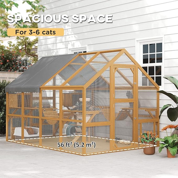 PawHut Large Catio Outdoor Cat Enclosure for Multiple Kittens, Wooden Cat House with Waterproof Cover, Walk in Kitty Cage Kennel with 2 Condos, 6 Platforms, Bridge, Doors, 110" x 73" x 74", Yellow