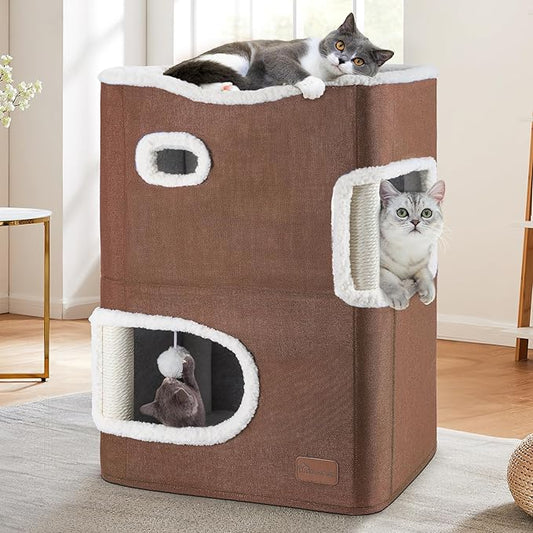YITAHOME 2-Tier Cat House, Cat Beds for Indoor Cats, Small Cat Condo with Scratch Post and Hideaway Cave, Modern Cat Cube Playhouse for Multi Kittens, Brown