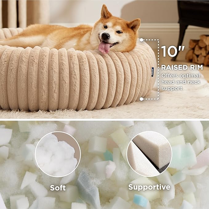 Bedsure Donut Large Dog Bed - Washable Faux Fur with Corduroy Fleece & Anti Slip Bottom, Round Pet Bed with Removable Cover, Sandy Tan, 36x36x10 inches