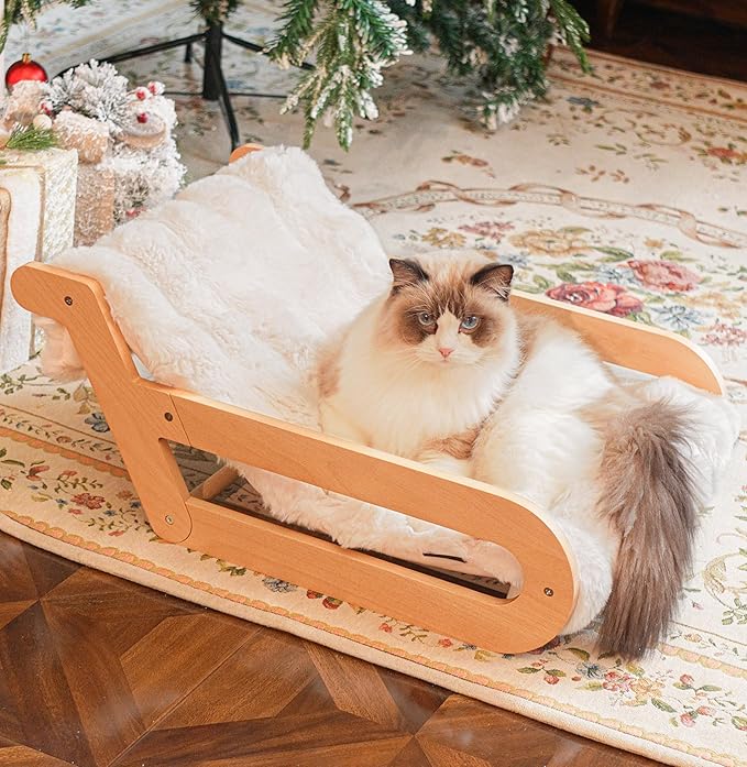 Elevated Cat Couch Bed for Indoor, Wooden Cats Sofa with Washable Fluffy Cover Raised Kitty Lounge Chair Suitable for Puppy(Cat Lounge Off-White)