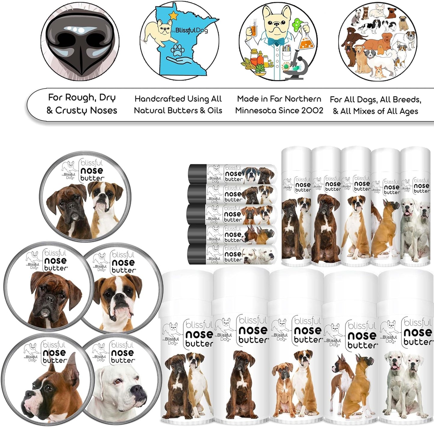 The Blissful Dog Boxer Duo Nose Butter for Dry, Cracked Skin, Lick-Safe Dog Nose Balm with Moisturizing Shea Butter, Almond, Olive, and Essential Oils, Pet Supplies, Uncented, 0.15 oz.