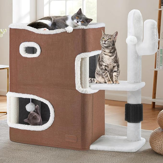 YITAHOME 2-Tier Cat House, Cat Beds for Indoor Cats, Small Cat Condo with Highway Cave, Scratch & Itching Post, Clmibing Stand, Modern Cat Cube Playhouse for Multi Kittens, Brown