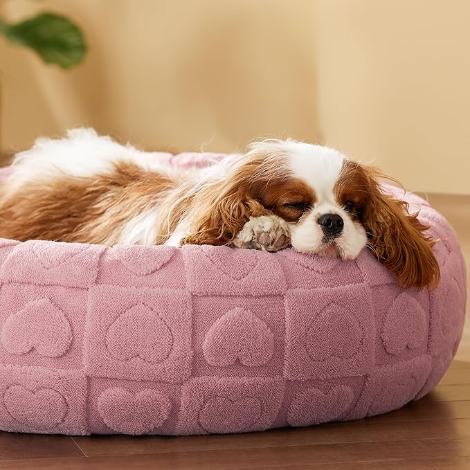 Bedsure Dog Bed for Small Dogs - Donut Pet Bed for Puppy Kitten with Anti Slip Bottom, Round Sherpa Dog Beds with Washable Removable Cover, Pink, 23x23x8 inches