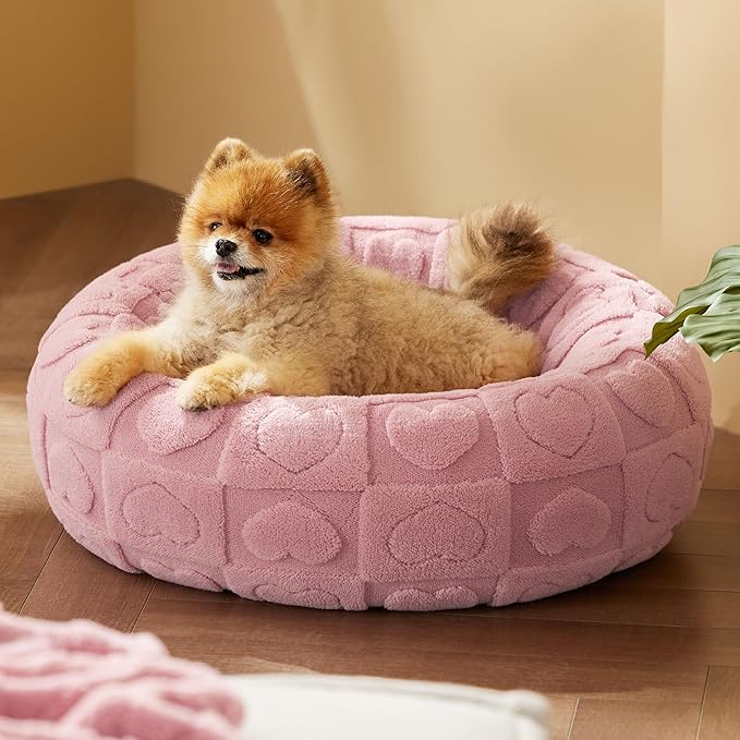 Bedsure Dog Bed for Small Dogs - Donut Pet Bed for Puppy Kitten with Anti Slip Bottom, Round Sherpa Dog Beds with Washable Removable Cover, Pink, 23x23x8 inches