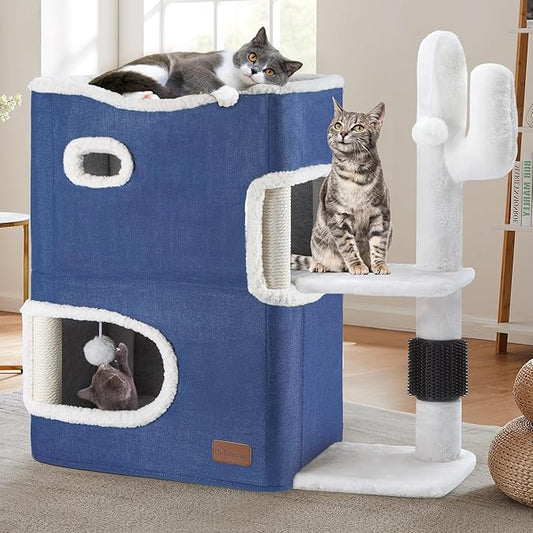 YITAHOME 2 Storey Cat House, Cat Beds for Indoor Cats, Small Cat Condo with Highway Cave, Scratch & Itching Post, Clmibing Stand, Modern Cat Cube Playhouse for Multi Kittens, Blue