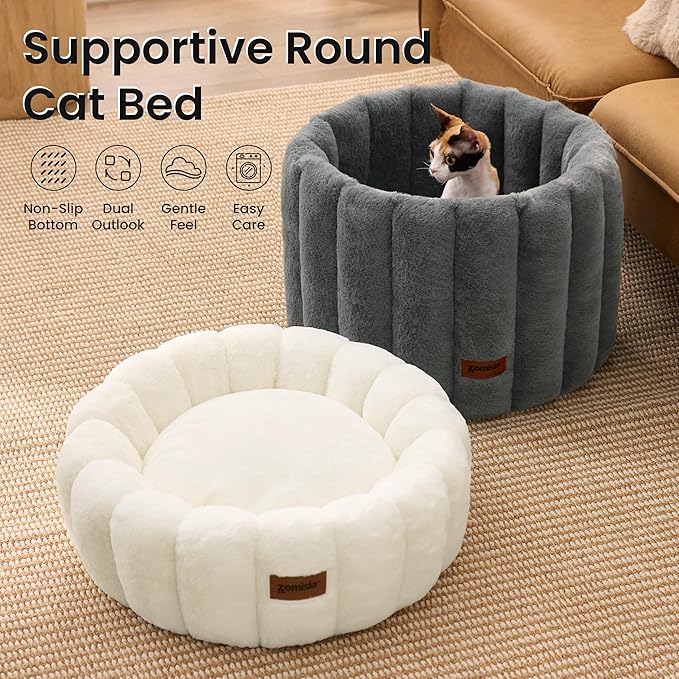 Cute Cat Beds for Indoor Cats, Striped Small Donut Dog Bed for Puppy and Kitten, Anti-Slip Bottom, Grey