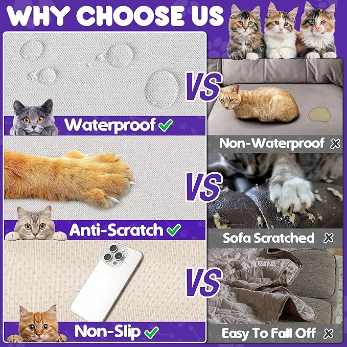 Cat Scratch Furniture Protector - Anti-Slip, Waterproof Sofa Cover to Keep Cats Off, Pet-Friendly Couch Protectors for 3 Cushion Couch, Beige Anti-Scratch Couch Cover for Pets and Kids 134"X91"Beige
