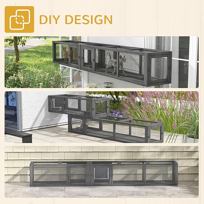 PawHut Cat Tunnel Outdoor, Wooden Cat Tube with Combinable Design, 8 Doors, 98" Cat Toys for Kitty, Puppy, Pet, House, Window, Cage, Dark Gray