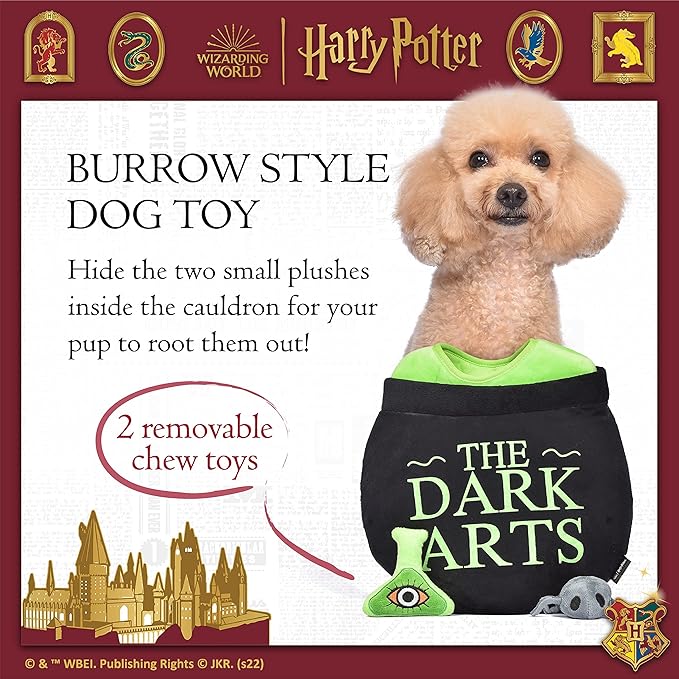 Harry Potter 10" Dark Arts Potion Burrow Toy Dog Toy Dark Arts Cauldron with Plush Removable Parts Dark Arts Cauldron, Potion, and Spider Toys for Dogs