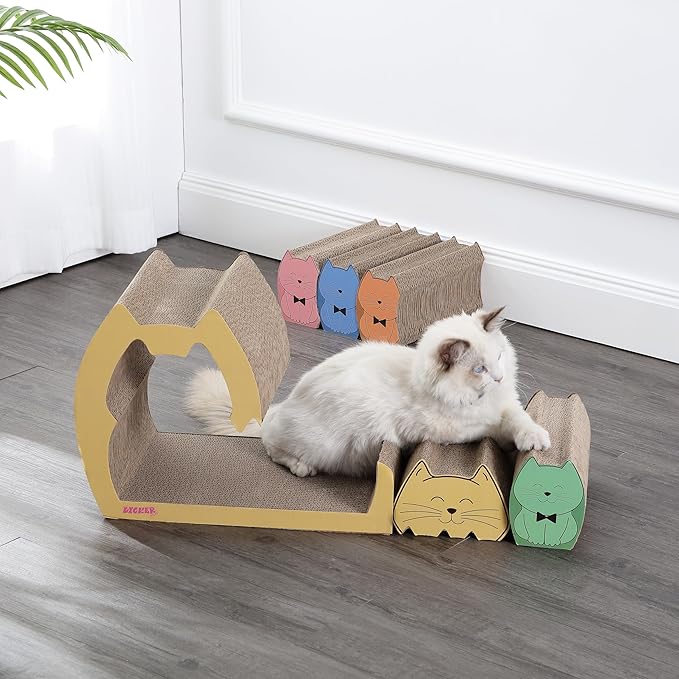 CSR1005A Kazoku 15.63" Modern Cardboard 5-in-1 Family Cat Cave Scratcher with Catnip and Pull-Out Design, Multi-Colored