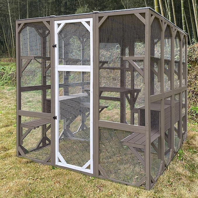 Outdoor Catio Cat Enclosures - Wooden Cat House Weatherproof with Multi Platforms & Lounge Boxes,Combined- 71 Inch