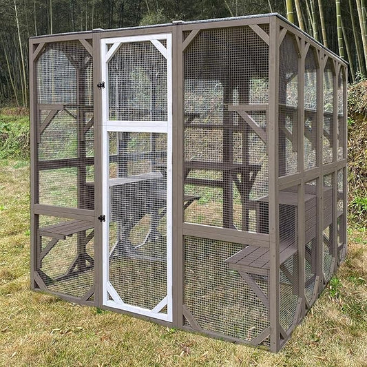 Outdoor Catio Cat Enclosures - Wooden Cat House Weatherproof with Multi Platforms & Lounge Boxes,Combined- 71 Inch