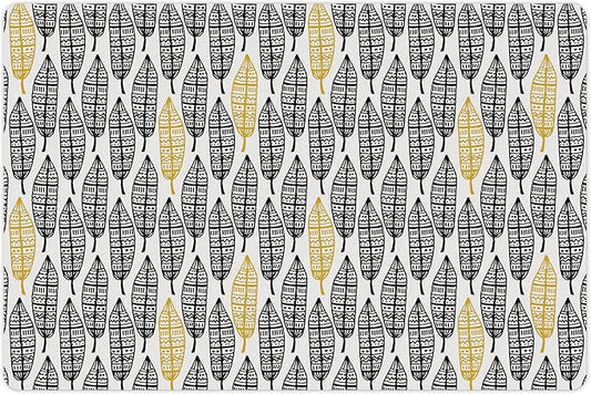 Lunarable Aztec Pet Mat for Food and Water, Modern Graphic of Ornate Hand Drawn Style Old Feather Form with Aztec Lines Print, Non-Slip Rubber Mat for Dogs and Cats, 18" X 12", Charcoal Yellow