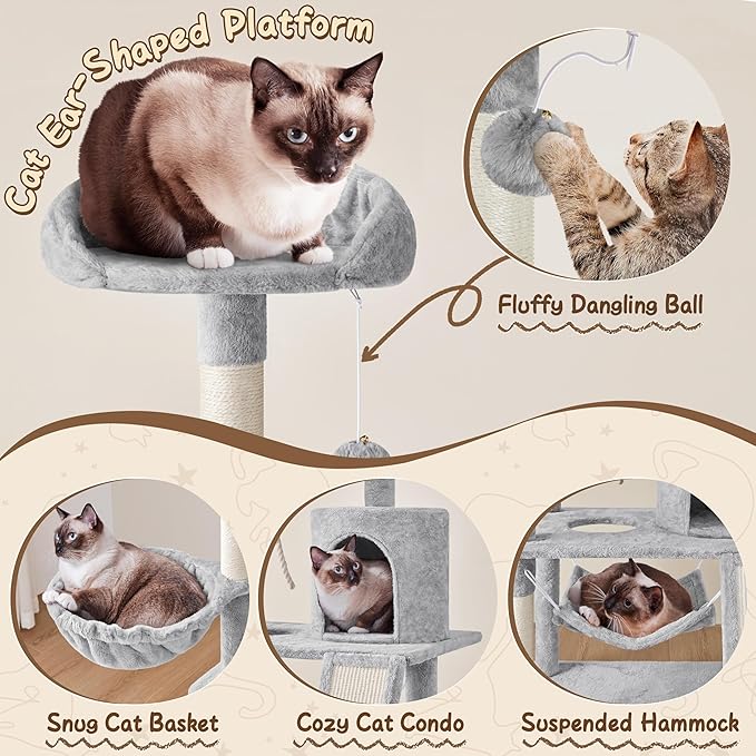 Yaheetech 63.5in Multi-Level Cat Tree Tower Condo with Scratching Posts, Platform & Hammock, Cat Activity Center Play Furniture for Kittens, Cats, and Pets