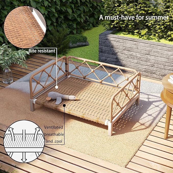 Outdoor Wicker Dog Bed Indoor Rattan Dogs Sofa with Soft Cushion, Dog Couch & Furniture, Pet Bed with Crate Pad(Brown Wicker and Cushion, Large and Medium)