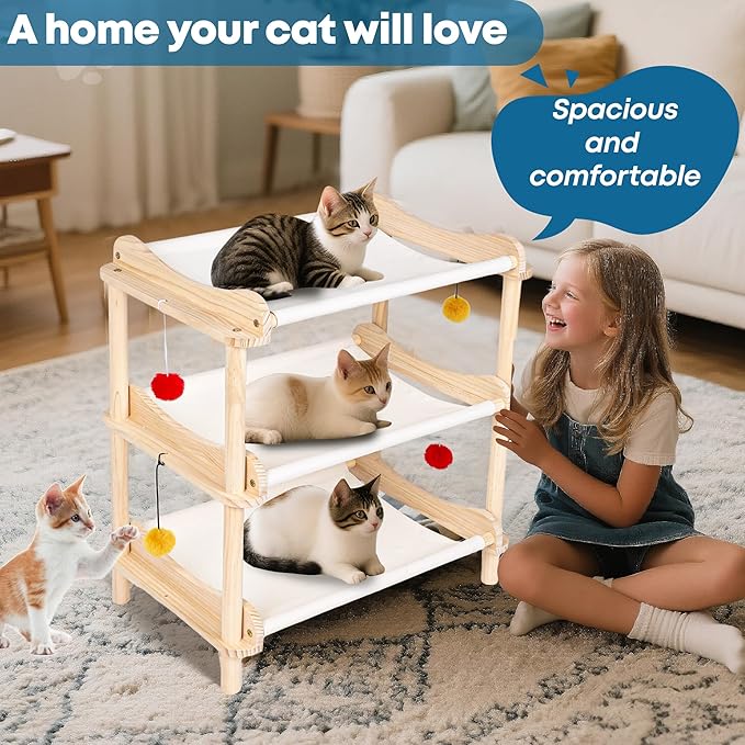 Large 3-Layer Cat Hammock Bed, 24"x15.7"x26.8" Elevated Cat Bed with Pine Wood Frame, Breathable Washable Covers, Wooden Pet Furniture for Indoor Cats and Small Animals(White, 3-Tier)