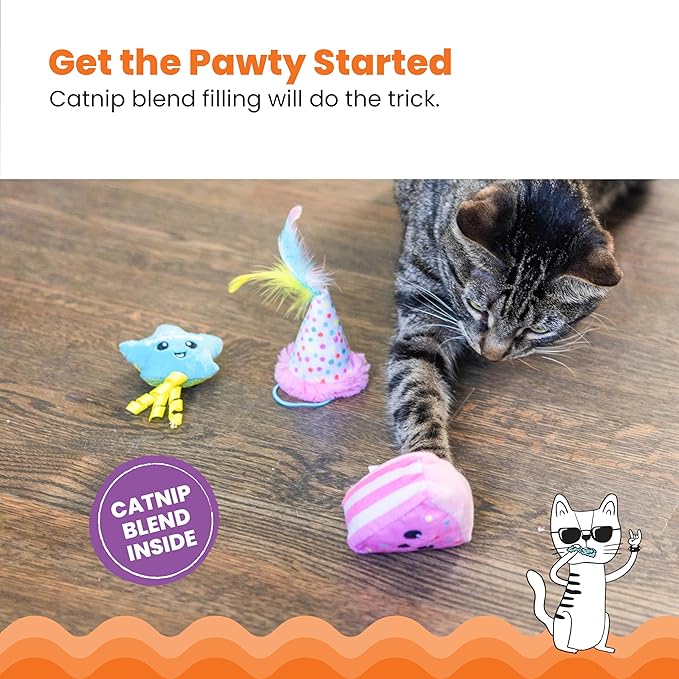 Catstages Happy Purrthday Cat Toys, 3-Pack Catnip Plush Toys with Crinkle, Feathers & Dental Mesh, Multicolored
