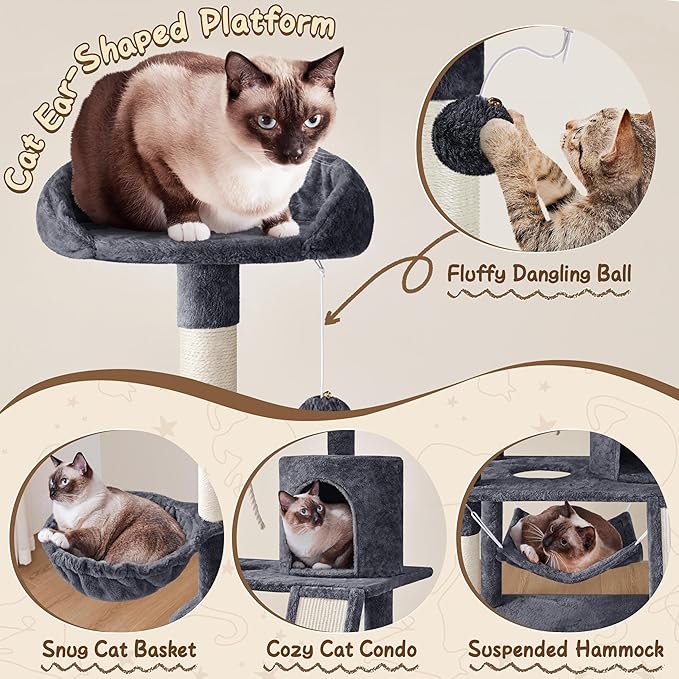 Yaheetech 63.5in Multi-Level Cat Tree Tower Condo with Scratching Posts, Platform & Hammock, Cat Activity Center Play Furniture for Kittens, Cats, and Pets
