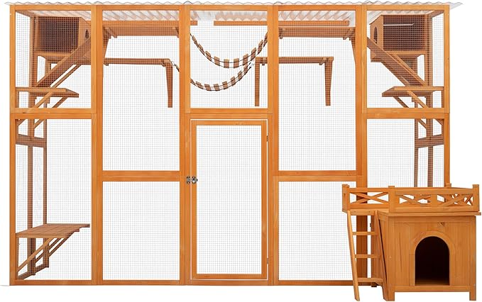 Merax 118 Inch Wooden Catio Outdoor Cat Enclosure,Large Luxury Kitty-House with 6 Jumping Platforms, 2 Bridges & Transparent PVC Roof, Kitty Kennel Condo Shelters and a Napping House, Natural