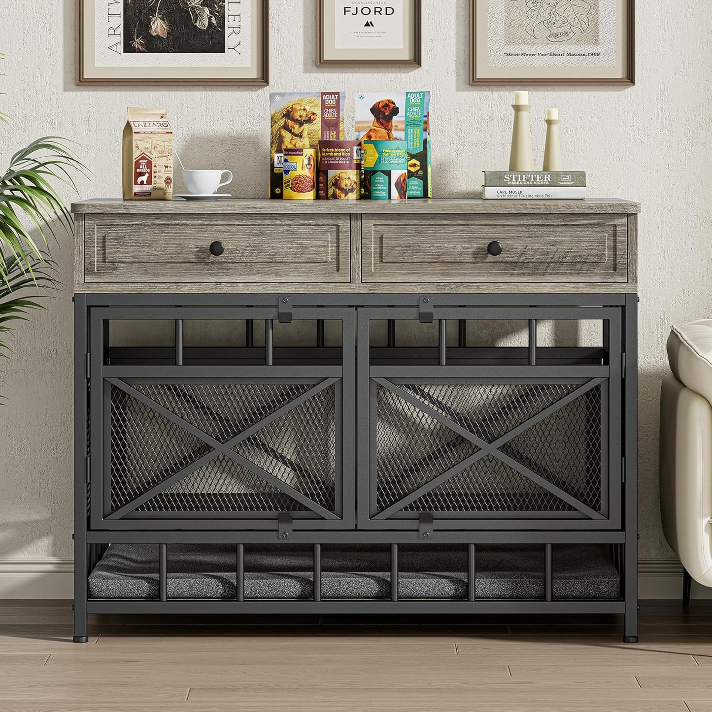 IRONCK 44 inch Large Dog Crate Furniture, Wooden Dog Kennel with Storage Drawers for Medium/Large Dogs, Decorative Dogs Kennel Indoor, Light Ivory