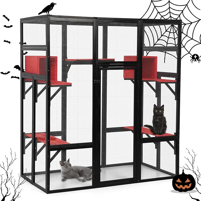 71Inches Large Wood Catio Outdoor Cat Enclosure with Perches and Condos, Cat House Indoor with Waterproof Roof, Cat Shelter 7 Platforms & 2 Resting Box, UV Resistant (Gothic)