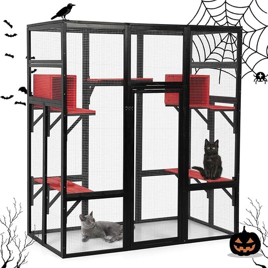 71Inches Large Wood Catio Outdoor Cat Enclosure with Perches and Condos, Cat House Indoor with Waterproof Roof, Cat Shelter 7 Platforms & 2 Resting Box, UV Resistant (Gothic)