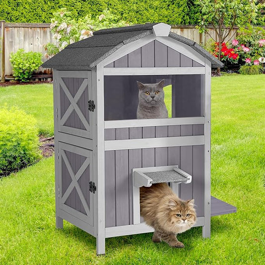 GUTINNEEN Outdoor Cat House Weatherproof, Feral Cat Shelter with Elevated Base, Large Acrylic Window, Movable Floor for Easy Clean
