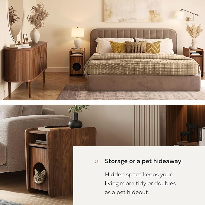 WERMO 12'' Cat Hideaway Side Table - Cat House for Indoor Cats and Enclosed Bed Cave and Hideout for Small Pets with Magazine Holder & Storage Doubling as Narrow End Table, Wood Night Stand (Walnut)