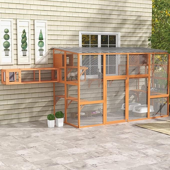 PawHut Catio, Outdoor Cat Enclosure Window Box, Wooden Cat House Playground with Scratching Posts, Weather Protection Roof for 1-5 Kitties, Resting Boxes, 118" x 55" x 75.5", Orange