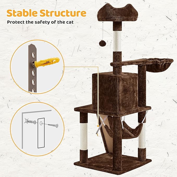 Yaheetech 54in Cat Tree, Multi-Level Cat Tower with Scratching Posts, Spacious Condo and Hammock, Ideal Activity Center for Indoor Kittens, Brown