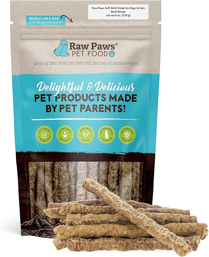 Raw Paws Grain-Free Soft Stick Treats for Dogs & Cats - Beef Recipe, 6-oz - Made in USA Beef Jerky Treats - Cat Sticks - Chewy Dog Jerky Treats - Dog Sausage - Soy, Grain Free